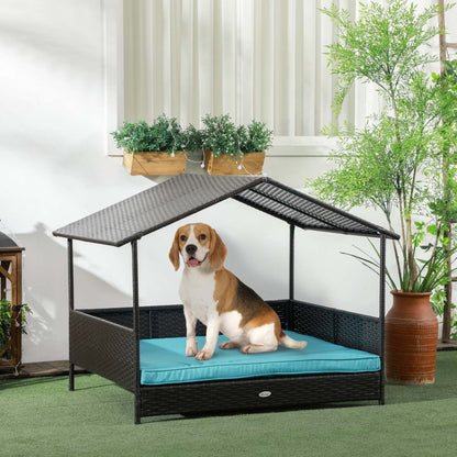 Pawhut Niche D'extérieur En Rotin Pour Chien Avec Auvent D'ombrage, Lit Sureleve En Osier Avec Coussin Doux Lavable