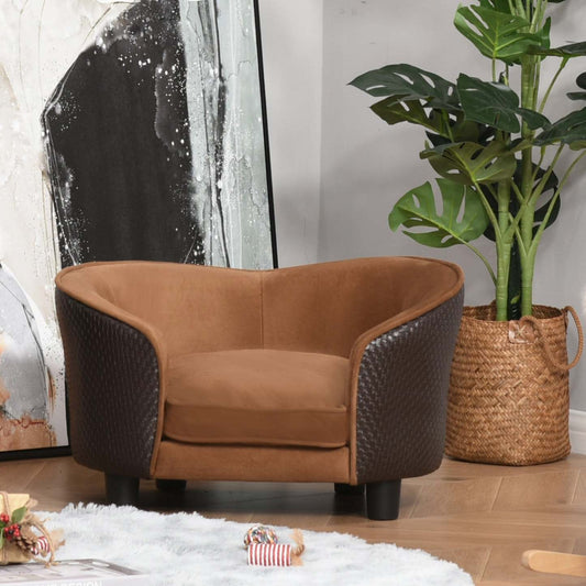 Pawhut Rotin Style Pet Dog Cat Sofa Pet Bed Warm Dog Bed Chair With Amovible Lavable Cushion Pour |Canapé Pour Chien Chat - Lit De Chien - Panier - Accoudoirs, Dossier, Coussin Amovible Dehoussable -