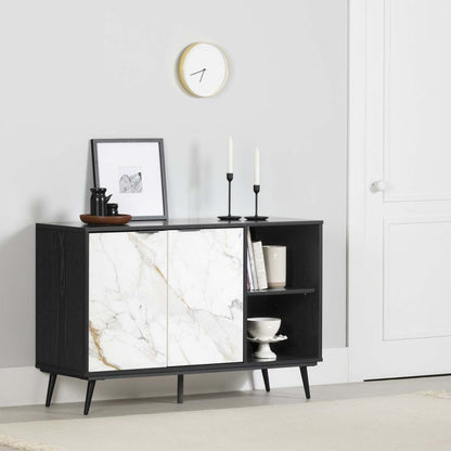 Buffet Mezzy à 2 portes avec rangement ouvert - Chêne noir et faux marbre blanc | Mezzy Buffet 2 Portes Avec Rangement Ouvert - Chene Noir Et Faux Marbre Blanc