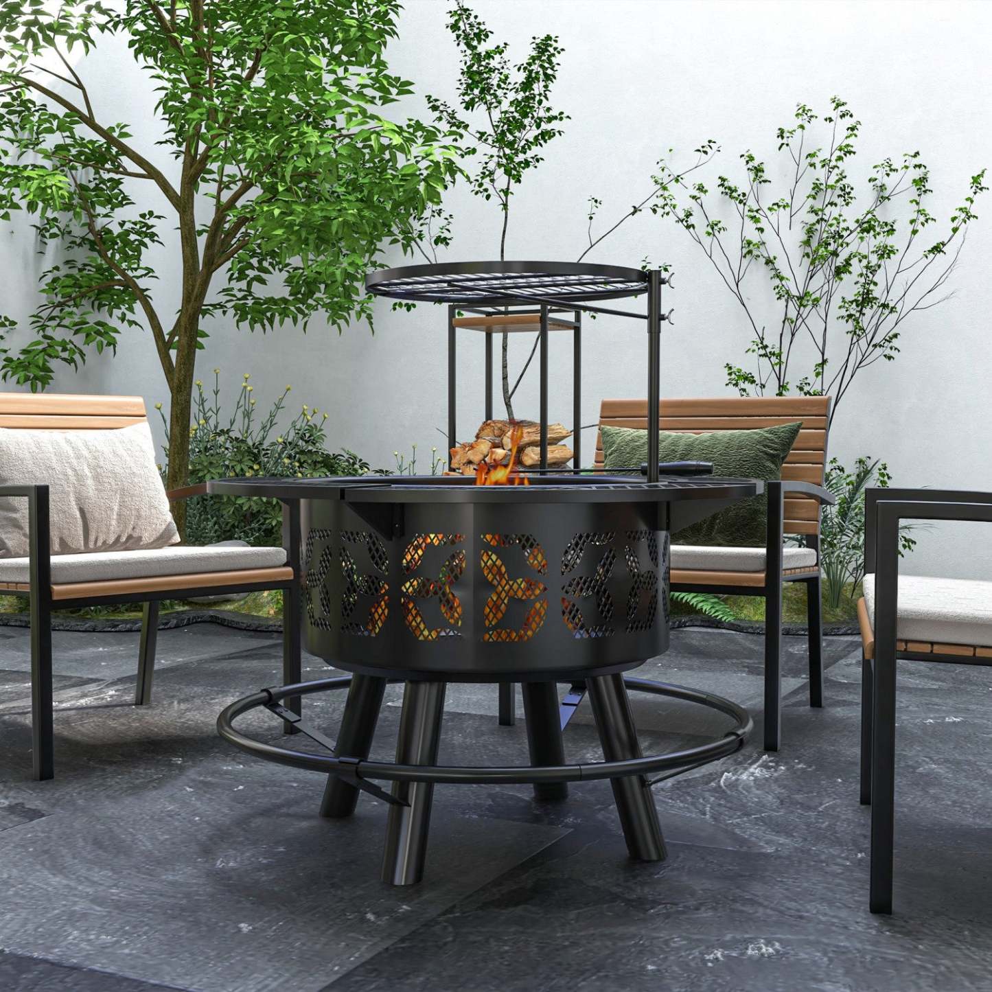 Outsunny Foyer Bbq Grill Avec Grille Et Poêle, Foyer À Bois, Noir|Outsunny Fire Pit Bbq Grill With Grate And Pan, Wood Burning Firepit, Black