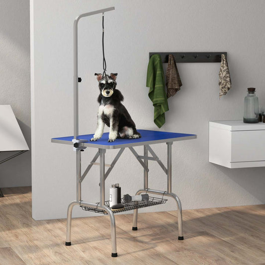 Pawhut Table De Toilettage Pour Chien Avec Bras Réglable, Table De Toilettage Pour Animaux Avec Rangement She|Pawhut Table De Toilettage Pliable En Acier Inoxydable Pour Chien Avec Bras Réglable Et Panier, Bleu