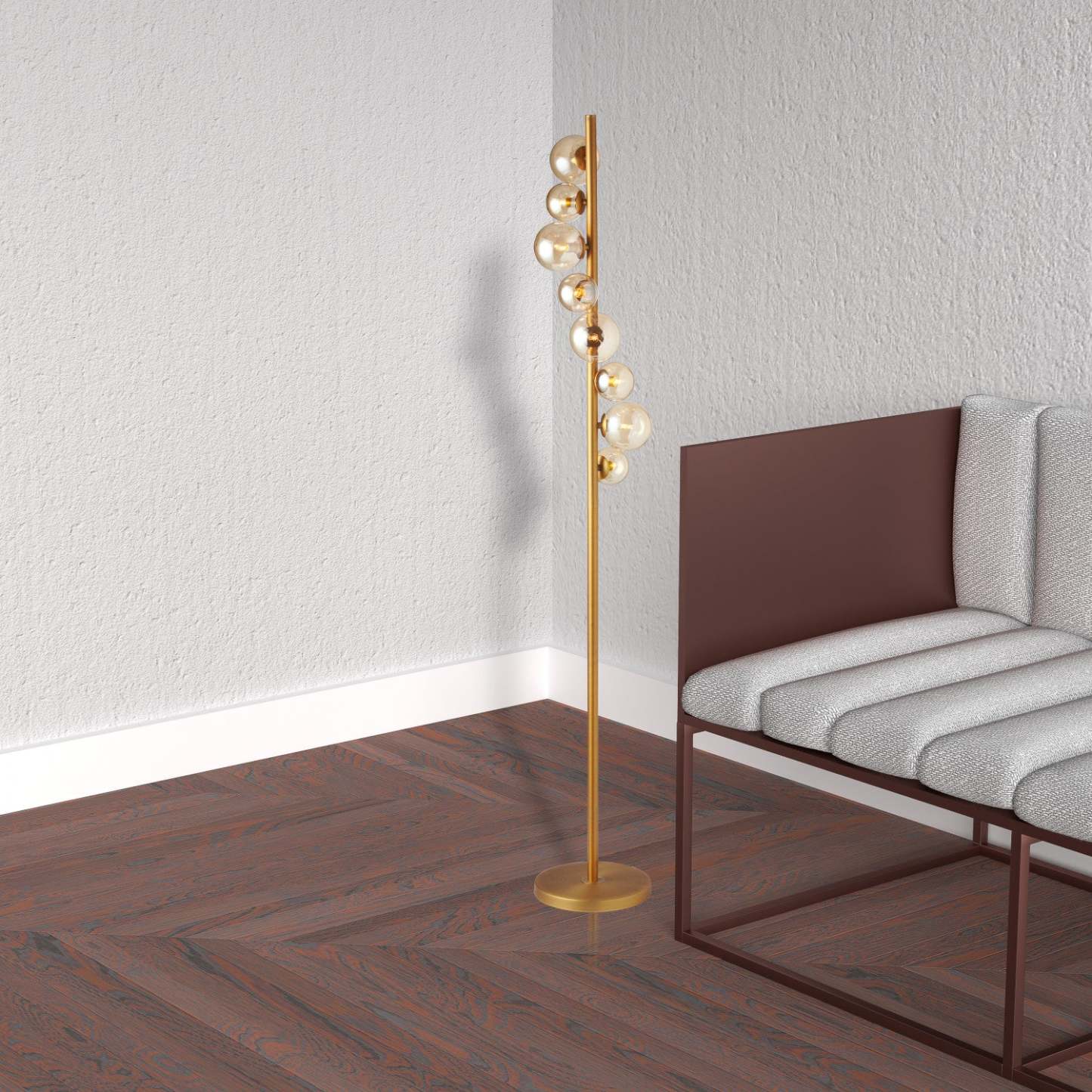 Dainolite Glasgow 8 Light Floor Lamp Vintage Bronze Finish Champagne Glass|Lampe à pied Glasgow de Dainolite en verre champagne, avec fini bronze rétro et 8 ampoules