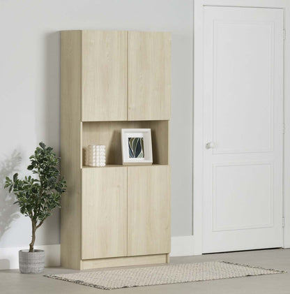 Liora 4-door Bookcase With Open Storage - Bleached Oak | Liora Bibliotheque 4 Portes Et Rangement Ouvert - Chene Blanchi