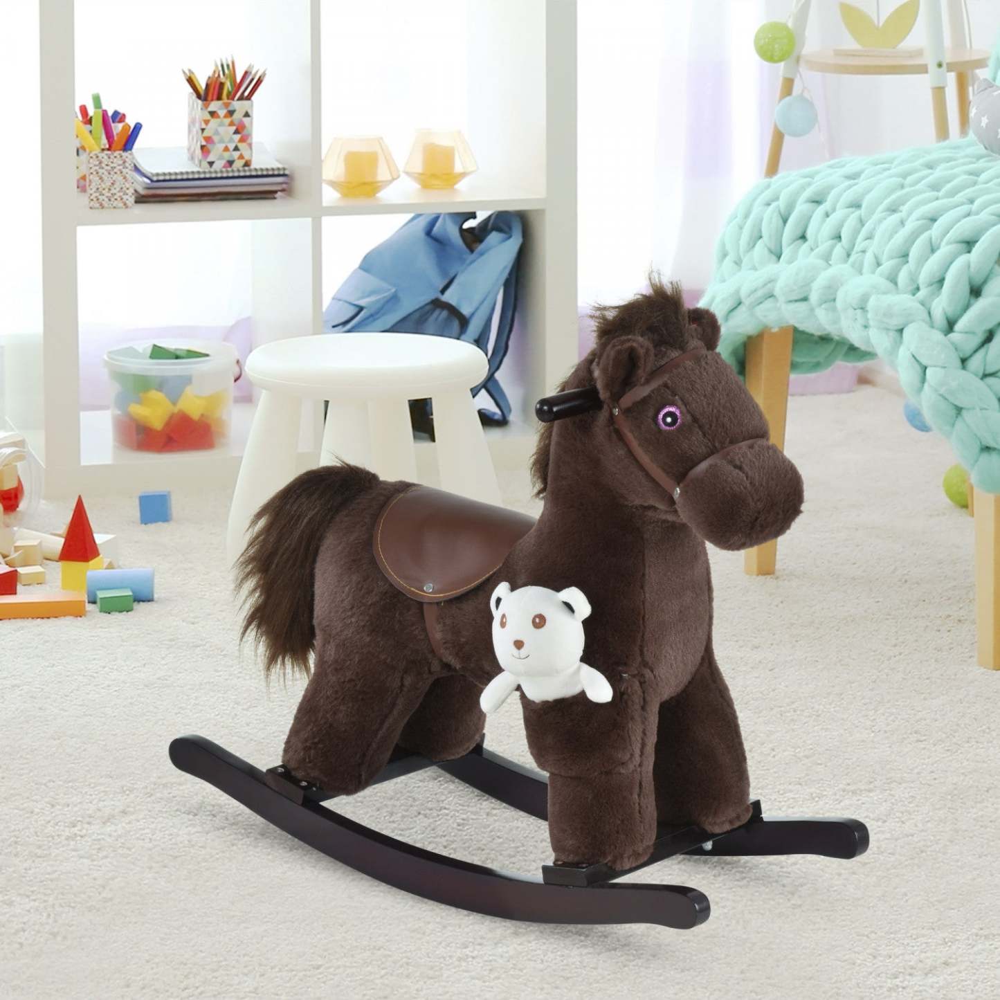 Qaba Kids Cheval À Bascule En Peluche Avec Ours, Chaise Pour Enfants Avec Peluche Douce Et Sons Réalistes