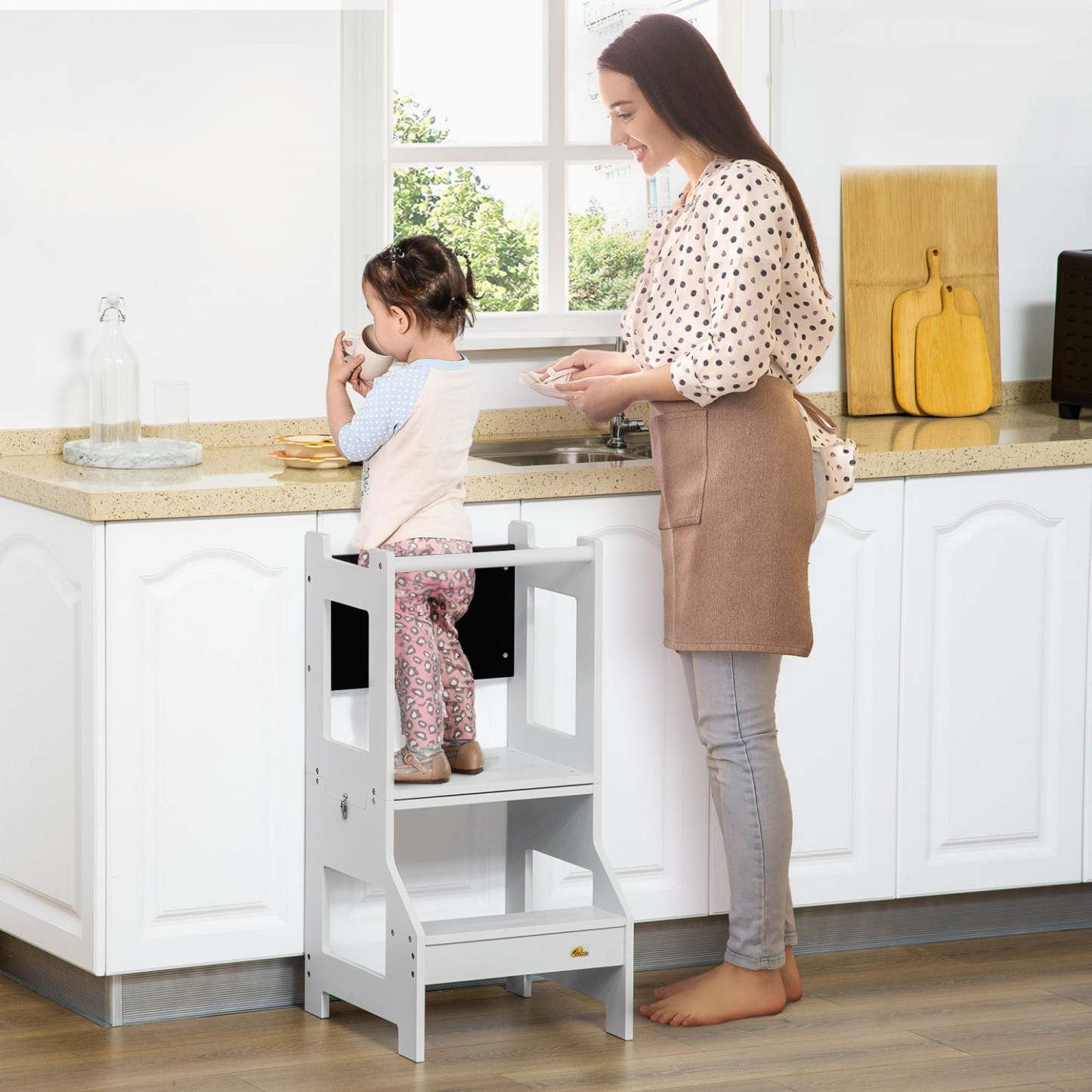 Qaba Escabeau De Cuisine 2 En 1 Pour Enfants, Escabeau Pour Tout-petits Avec Rail De Sécurité, Table