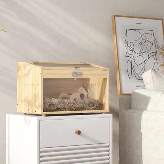 Pawhut 22l Cage à Hamster, Cage pour Petit Animal avec Couvercle Ouvert et Fenêtres en Acrylique Transparent, Enclos pour Hamster avec Cabane, Balançoire, Échelle, Pour Hamster Nain, Gerbille, Bois Naturel