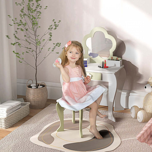 Qaba Coiffeuse Pour Enfants Avec Miroir Et Tabouret, Coiffeuse Pour Filles Avec Tiroir, Boites De Ra