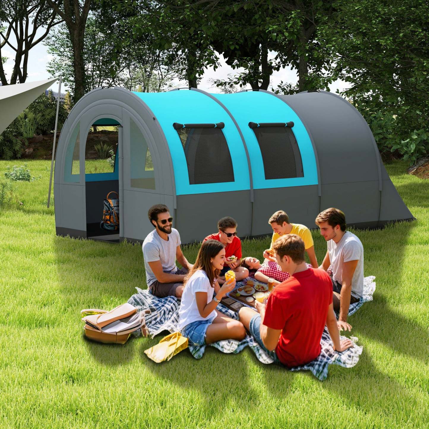 Outsunny Tente de Camping 5-6 Personnes, Tente Familiale Tunnel Imperméable, Gris/Bleu