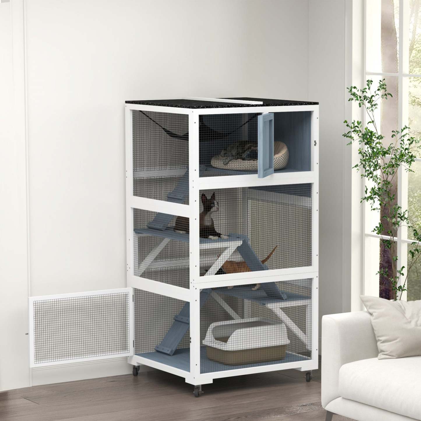 Pawhut Catio 34 L Maison De Chat Exterieure Sur Roues Avec Hamac De Toit Résistant Aux Intempéries