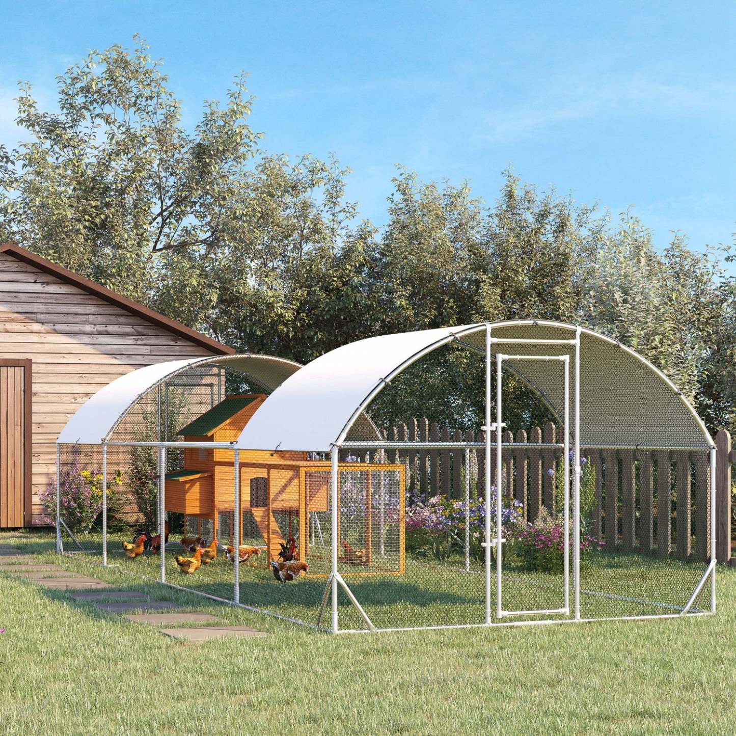 Pawhut Poulailler, Enclos Extérieur Pour Poules, Cage Pour Lapins Avec Couverture Imperméable Et Anti-uv | Pawhut Poulailler En Métal, 24.9' X 9.2' Avec Couverture Imperméable Et Anti-uv, Porte Pour 20-24 Po
