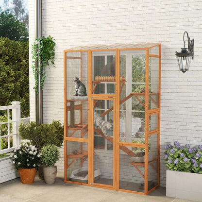 Catio Pawhut Enclos extérieur pour chats, grande maison en bois avec 6 plateformes de saut, poteau à gratter, 2 rampes, toit étanche, cage extérieure pour 2-3 chatons, 64 X 24 X 99