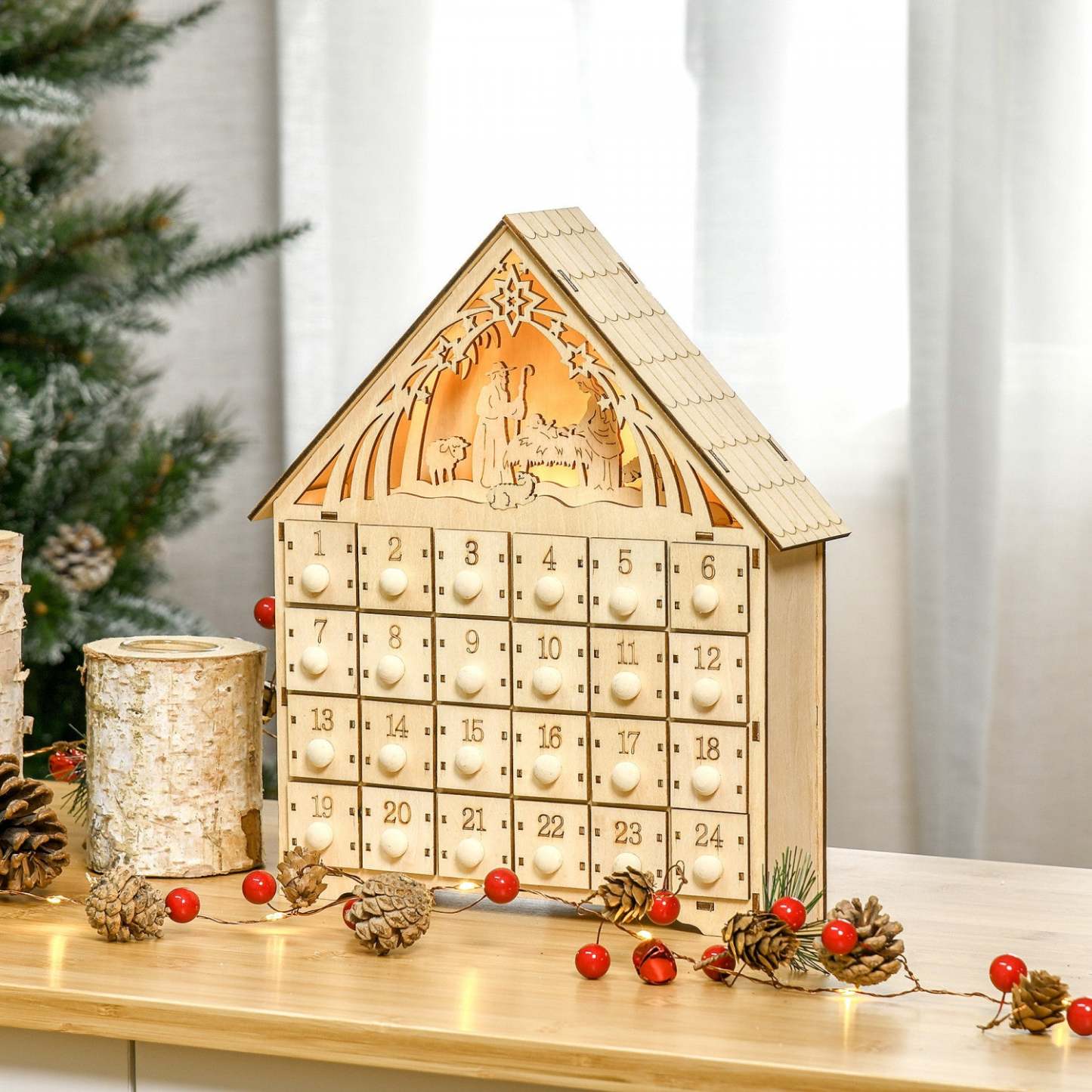 Homcom Calendrier De L'avent De Noël Avec Tiroirs De Compte À Rebours Personnages Bibliques | Homcom Calendrier De L'avent De Noël, Décoration De Table De Noël En Bois
