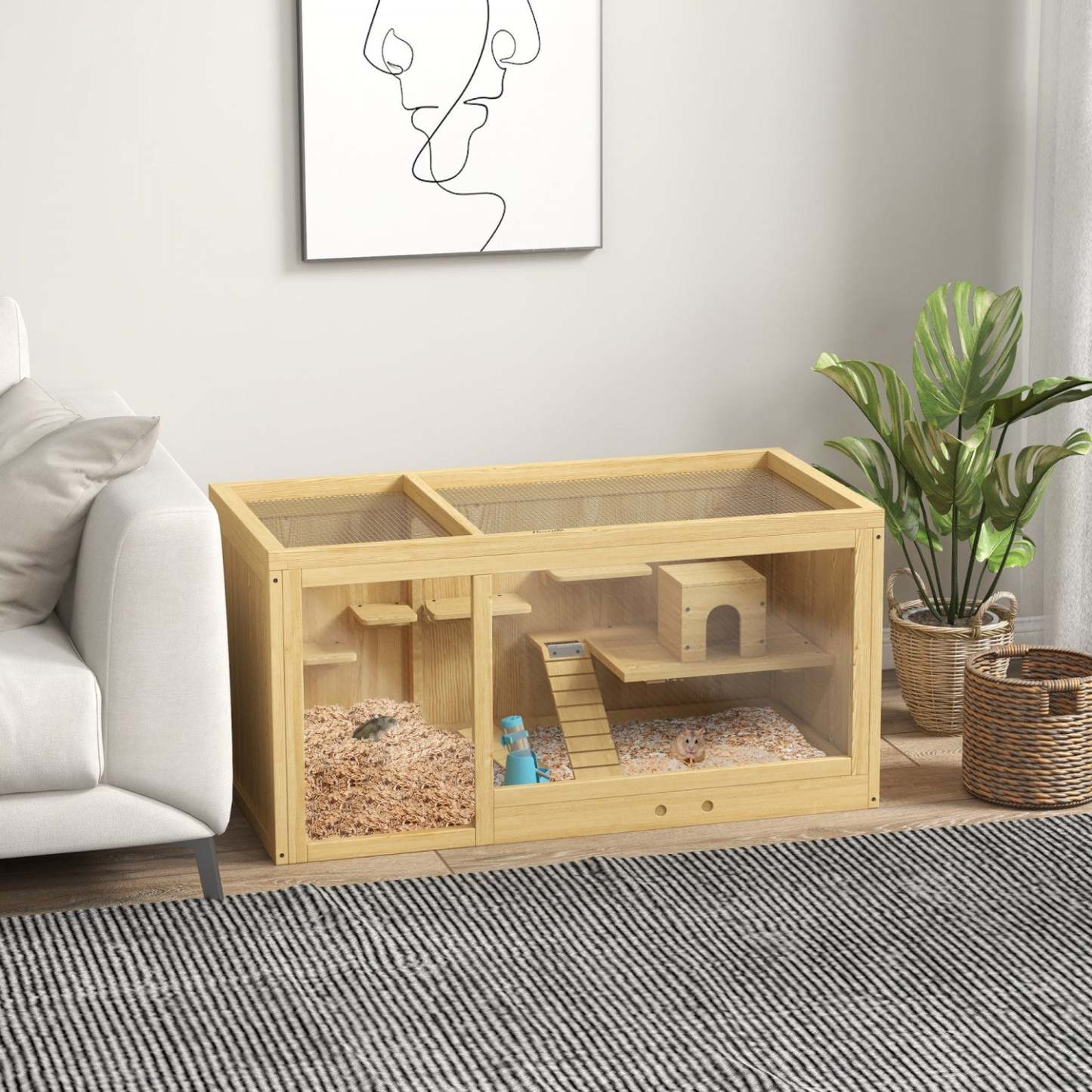 Cage en bois Pawhut pour hamster, cage à souris multi-niveaux avec tiroir coulissant, balançoires, bouteille d'eau, échelle, habitats pour petits animaux pour hamster nain, gerbille