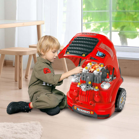 Qaba Kids Truck Engine Toy Set, Educational Car Service Station Kids Tool Set, Take Apart Workshop F|Qaba Bloc Moteur De Voiture 61 Pièces Jouet Éducatif Pour Enfants 3-5 Ans Véhicule Réparation Effet
