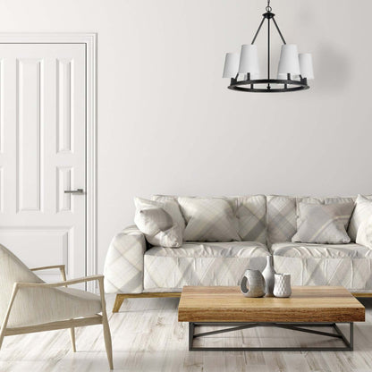 Dainolite Colby 6 Light Chandelier Matte Black 6 White Shades Lamp|Lustre Colby de Dainolite avec 6 abat-jour blancs, fini noir mat et 6 ampoules