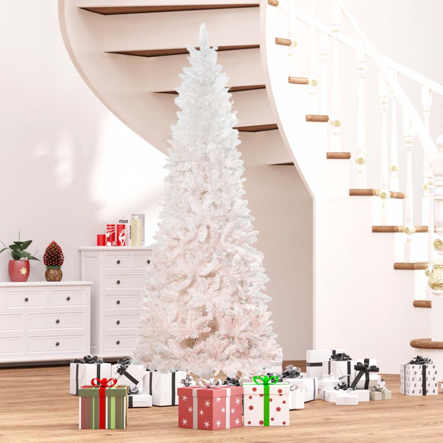Homcom Sapin de Noël Artificiel de 7 Pieds avec Base en Métal Rose et Blanc|Homcom Sapin de Noël Artificiel en Forme de Crayon 616 Branches