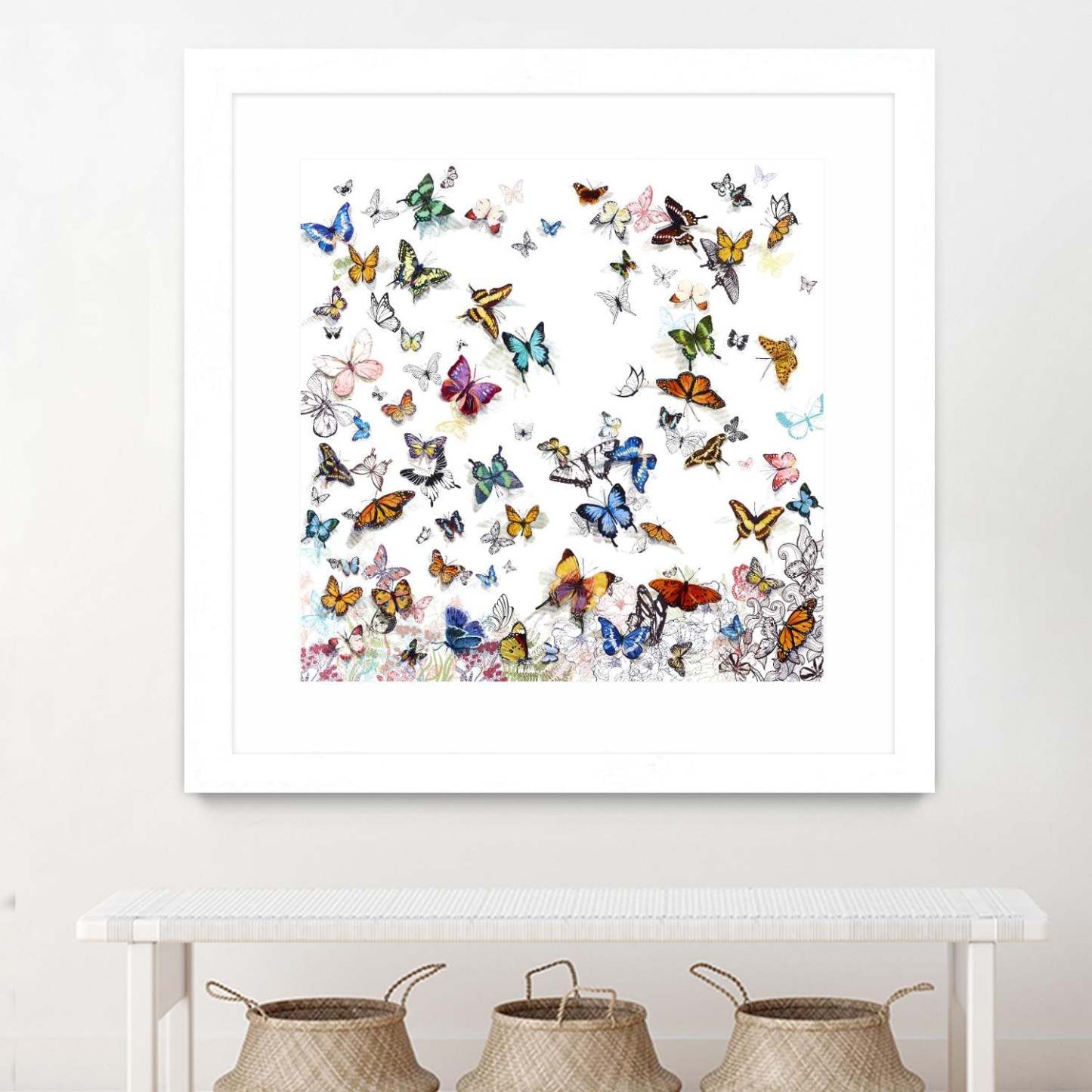 Papillon Matted and Framed White 30x30 Wall Art|Œuvre d'art murale encadrée blanche et mate « Papillon » 30 x 30