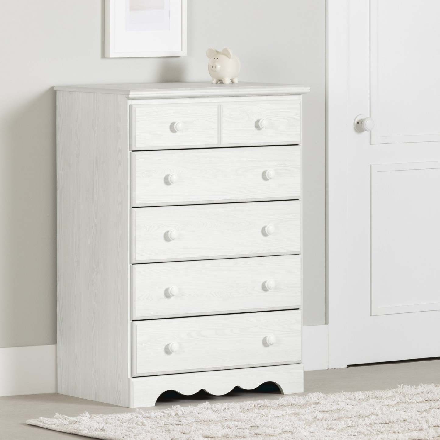Commode 5 tiroirs Summer Breeze - Pin blanc|Commode verticale Summer Breeze à 5 tiroirs - pin blanc