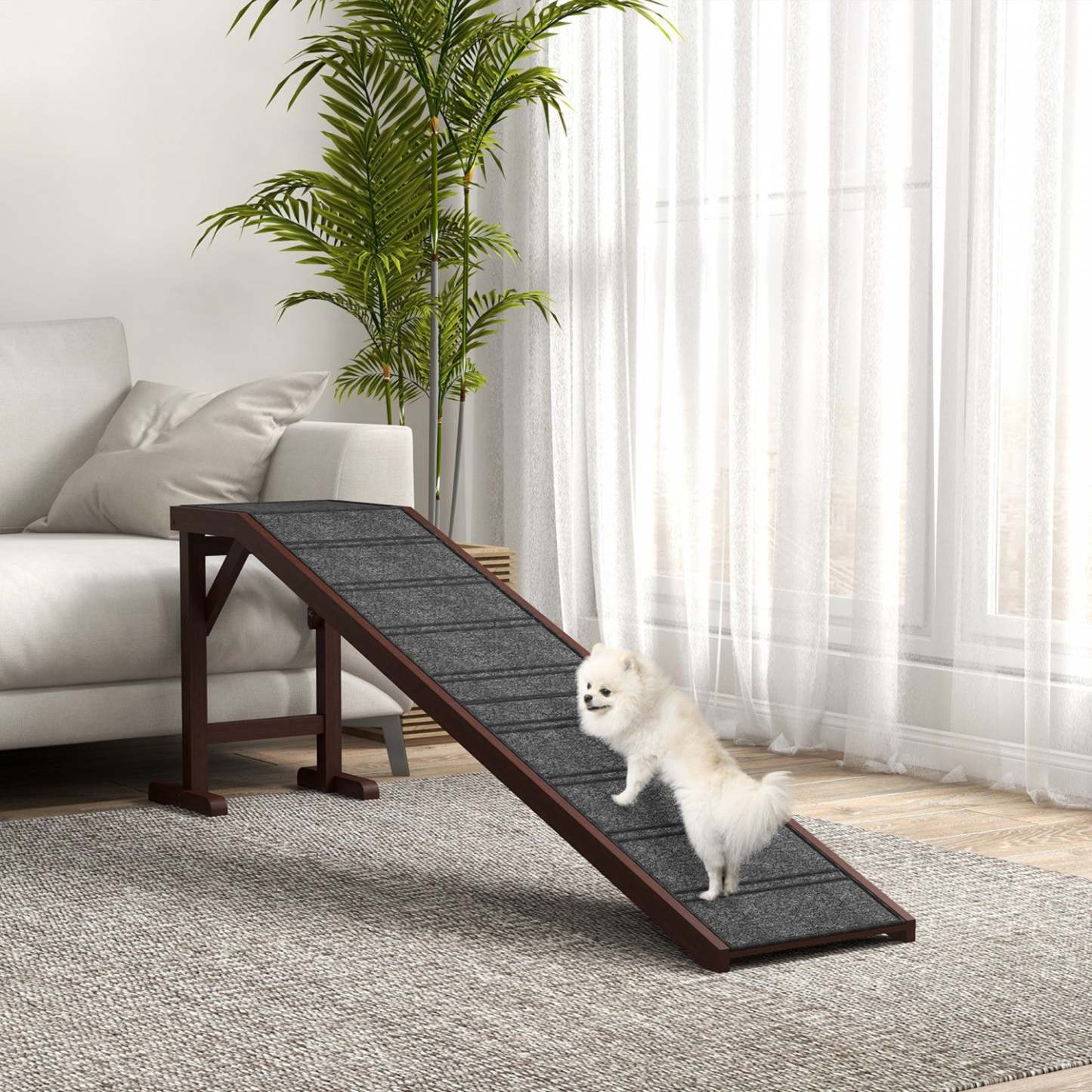 Pawhut Marches De Lit De Rampe Pour Animaux De Compagnie Pour Chiens, Chats, Plate-forme De Tapis Antidérapant En Bois De Pin 74l X 16w X 25h