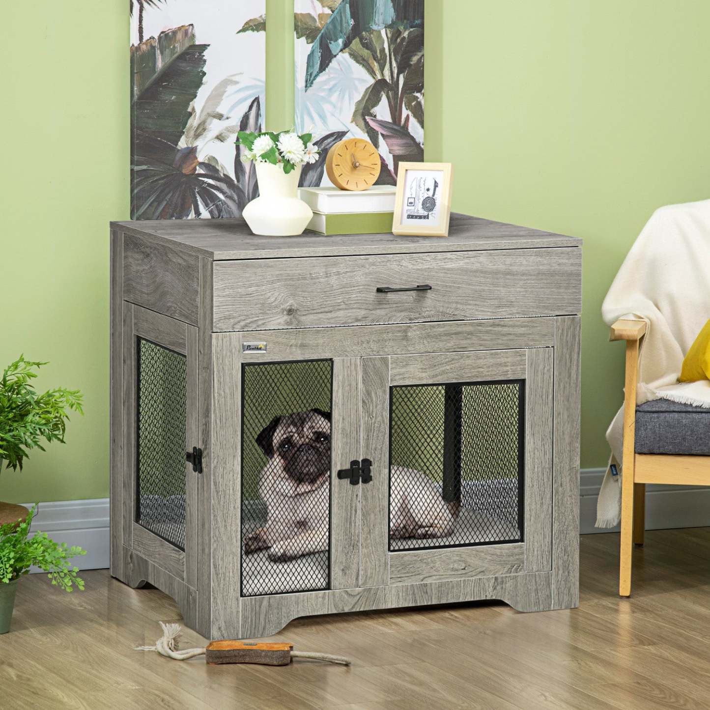 Pawhut 32in Dog Crate Furniture With Cushion, 2 Doors, Dog Kennel End Table With Storage, Indoor Dog|Pawhut 32in Cage Pour Chien Avec Coussin, 2 Portes, Table D'appoint Avec Rangement, Cage D'intérieur Pour