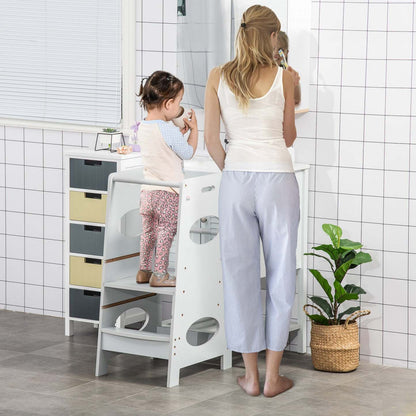 Homcom Marchepied Enfant Tabouret De Cuisine Pour Tout-petits Avec Plate-forme Debout réglable Et Barrière De Sécurité, Gris