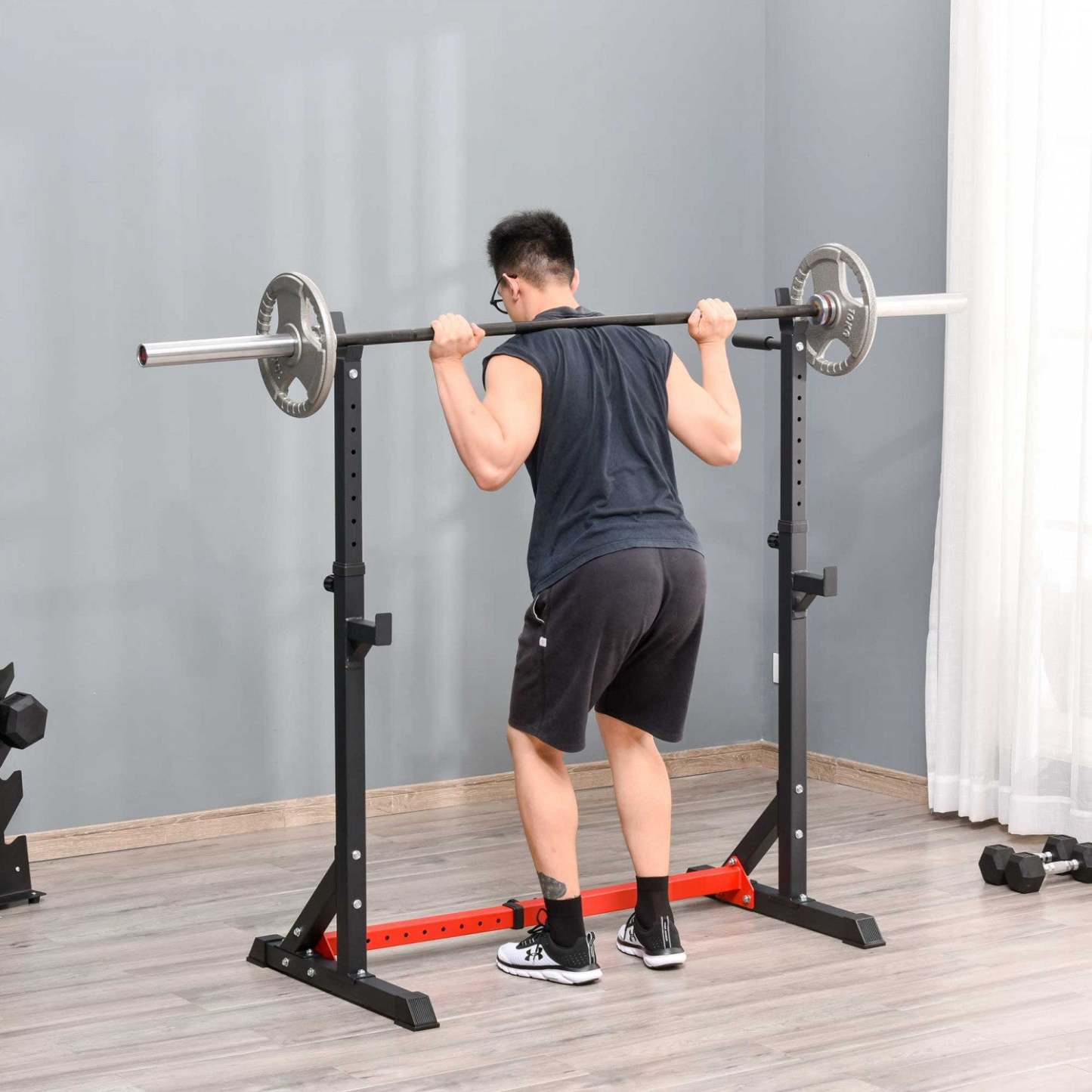 Soozier Support de Squat et Banc de Musculation réglable en Hauteur et en Base en Acier|Soozier Paire de Supports pour Haltères et Bancs de Musculation, en Acier, réglables en Hauteur et en Base