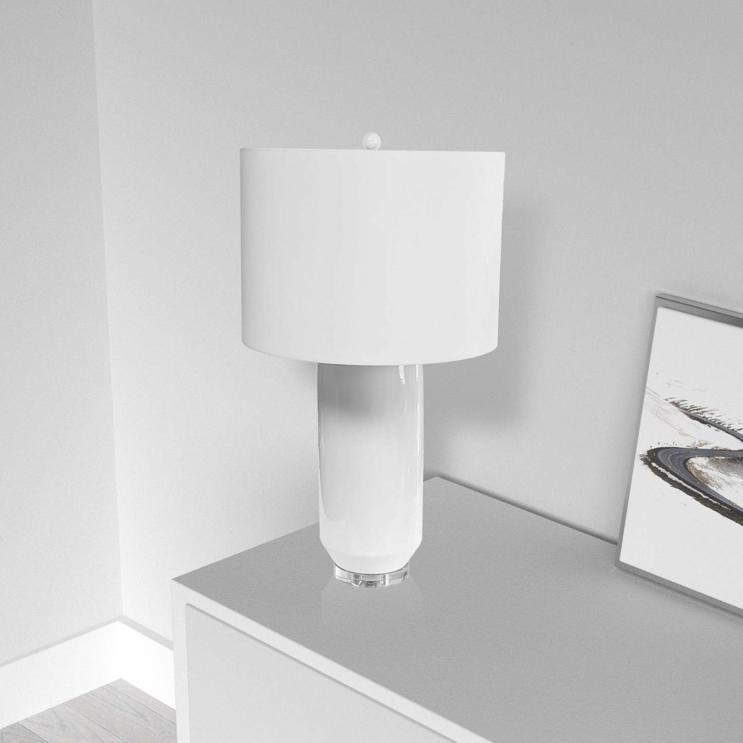 Dainolite Goliath 1 Light Ceramic Oversized Table Lamp White Finish Cylinder Shade|Très grande lampe de table Goliath de Dainolite en céramique, avec abat-jour cylindrique, fini blanc et 1 ampoule