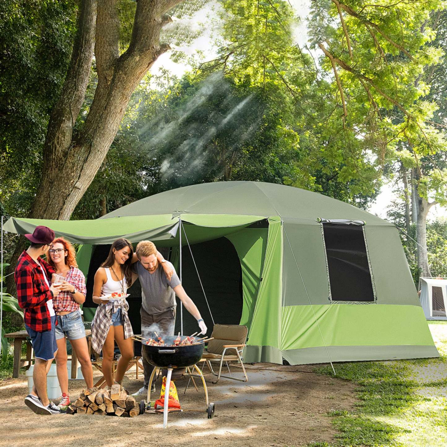 Outsunny Tente de Camping 4-8 Personnes, Tente Dôme 2 Chambres Avec Porche, Verte