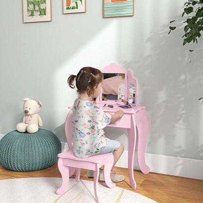 Qaba Coiffeuse Et Tabouret Pour Enfants Coiffeuse Pour Filles Bureau De Maquillage Avec Miroirs Tri-