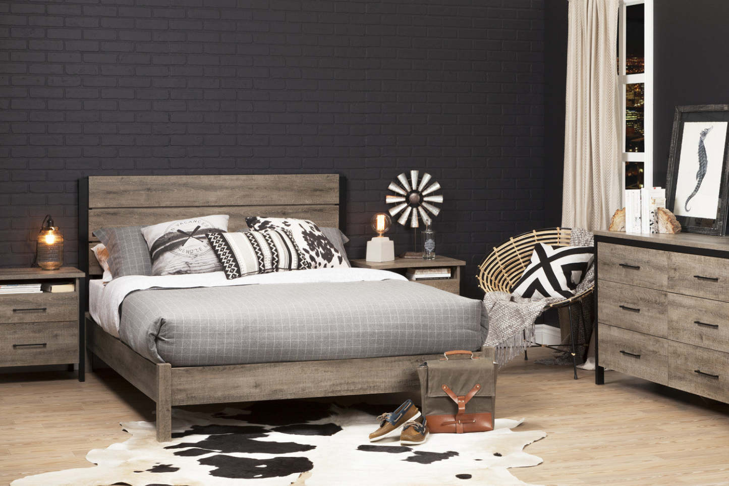 Commode à 6 tiroirs Munich - Chêne patiné et noir mat | Munich Bureau 6 Tiroirs - Chêne vieilli et Noir mat | D83GU1Z7