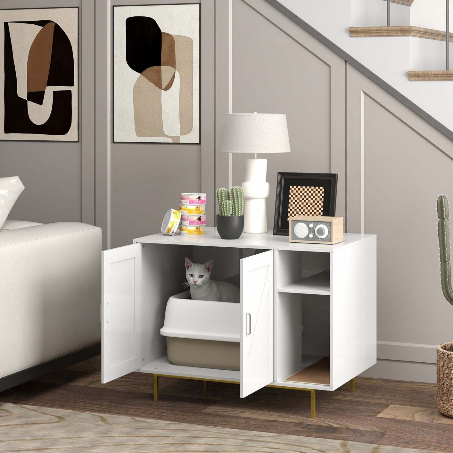 Pawhut Enclos de Bac à Litière pour Chat, Meuble à Litière avec Tapis à Gratter, Cabinet de Rangement à 2 Portes, Maison pour Chat d'Intérieur pour Salon, Chambre, 31.5 X 20 X 24, Blanc