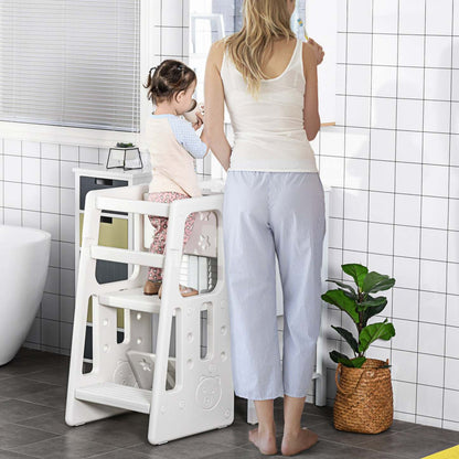 Qaba Marchepied Pour Enfants 2 Étapes Avec Plate-forme Réglable En Hauteur Et Rampe De Sécurité, Blanc|Qaba Marchepied Pour Enfants Avec Plate-forme Debout Réglable Pour Tout-petits - Tour Debout Pour Co