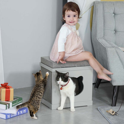 Pawhut Lit D'intérieur Pour Chat Avec Coussins Rembourrés Doux, Jolie Maison Cubique Couverte Avec 2 Griffoirs Extérieurs