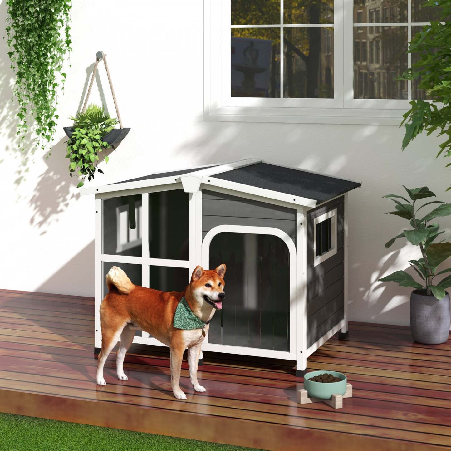 Pawhut Maison De Chien En Bois Pour L'extérieur Avec Fond Amovible, Niche Surélévée De Style Cabane, Avec Toit Ouvrable