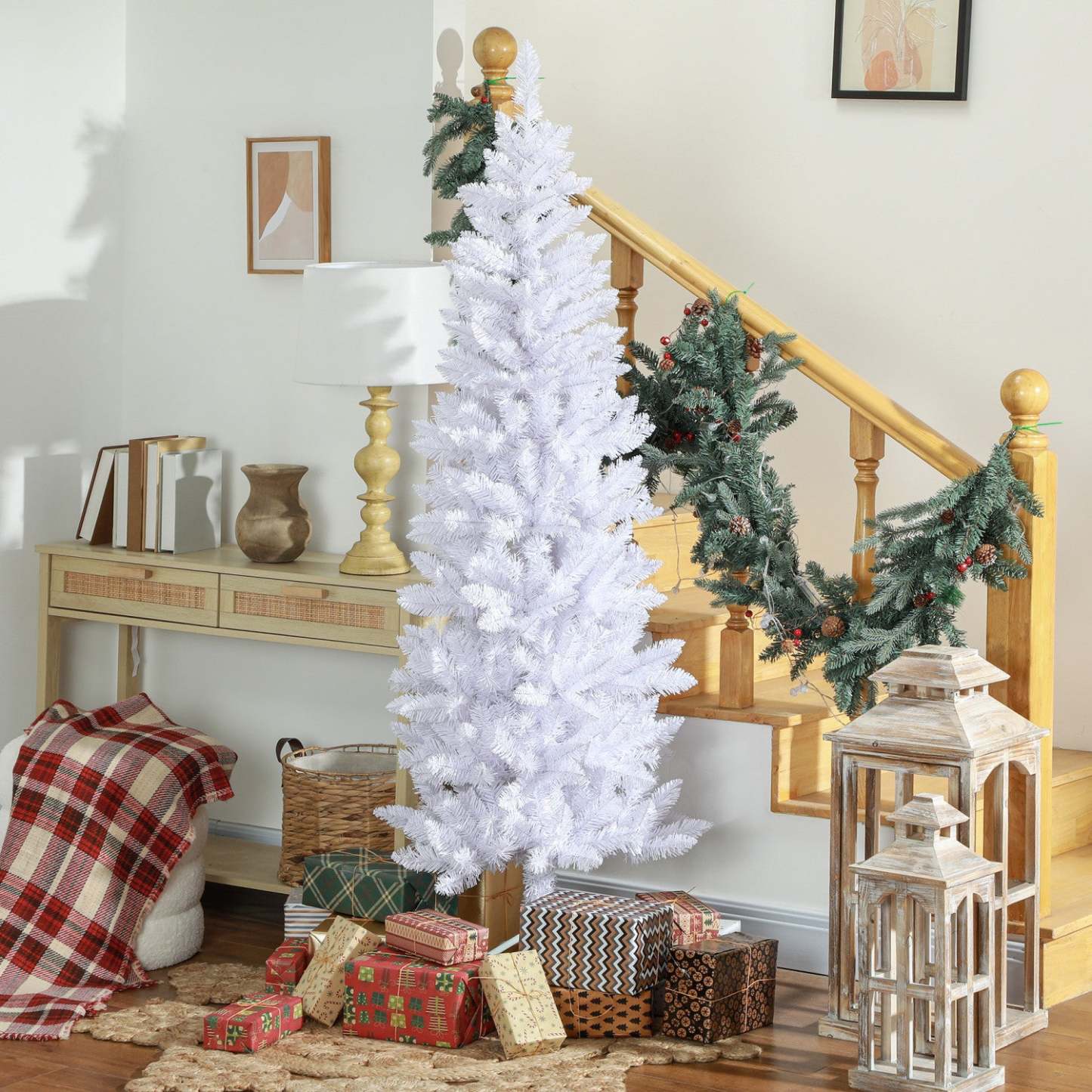 Homcom Arbre De Noël Artificiel De 6pi De Haut Avec Base En Acier, Blanc