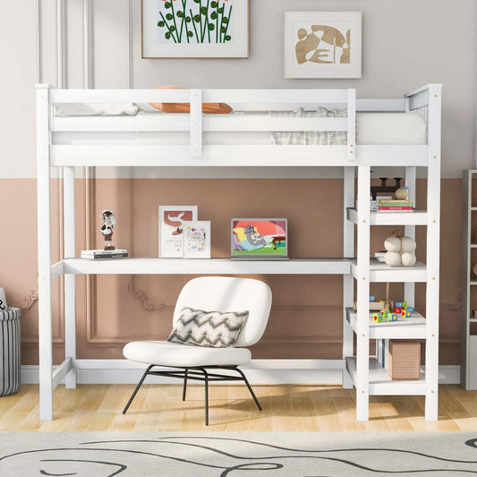 Lit mezzanine simple Victoria en bois massif avec bureau, étagères de rangement et lumière LED - Blanc | Victoria – Lit Mezzanine Simple En Bois Massif Avec Bureau, Etageres De Rangement Et Eclairage Del – Blanc