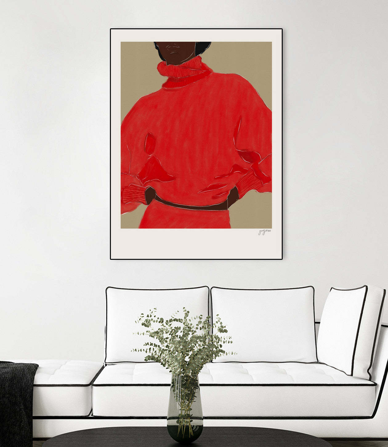 Œuvre d'art murale sur toile encadrée noire « Femme en rouge » 24 x 32