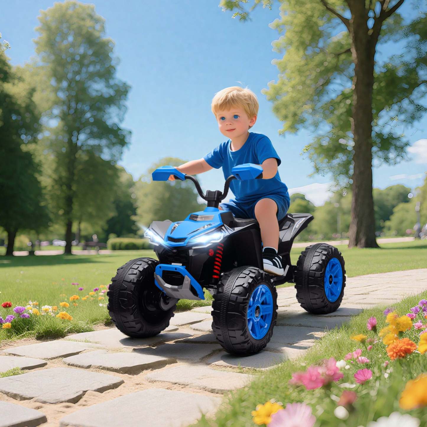 Qaba 24v Enfant Atv, voiture à deux places pour enfants, quad électrique alimenté par batterie avec 4 roues à suspension, vitesses haute/basse, musique, phares, pour garçons et filles, bleu