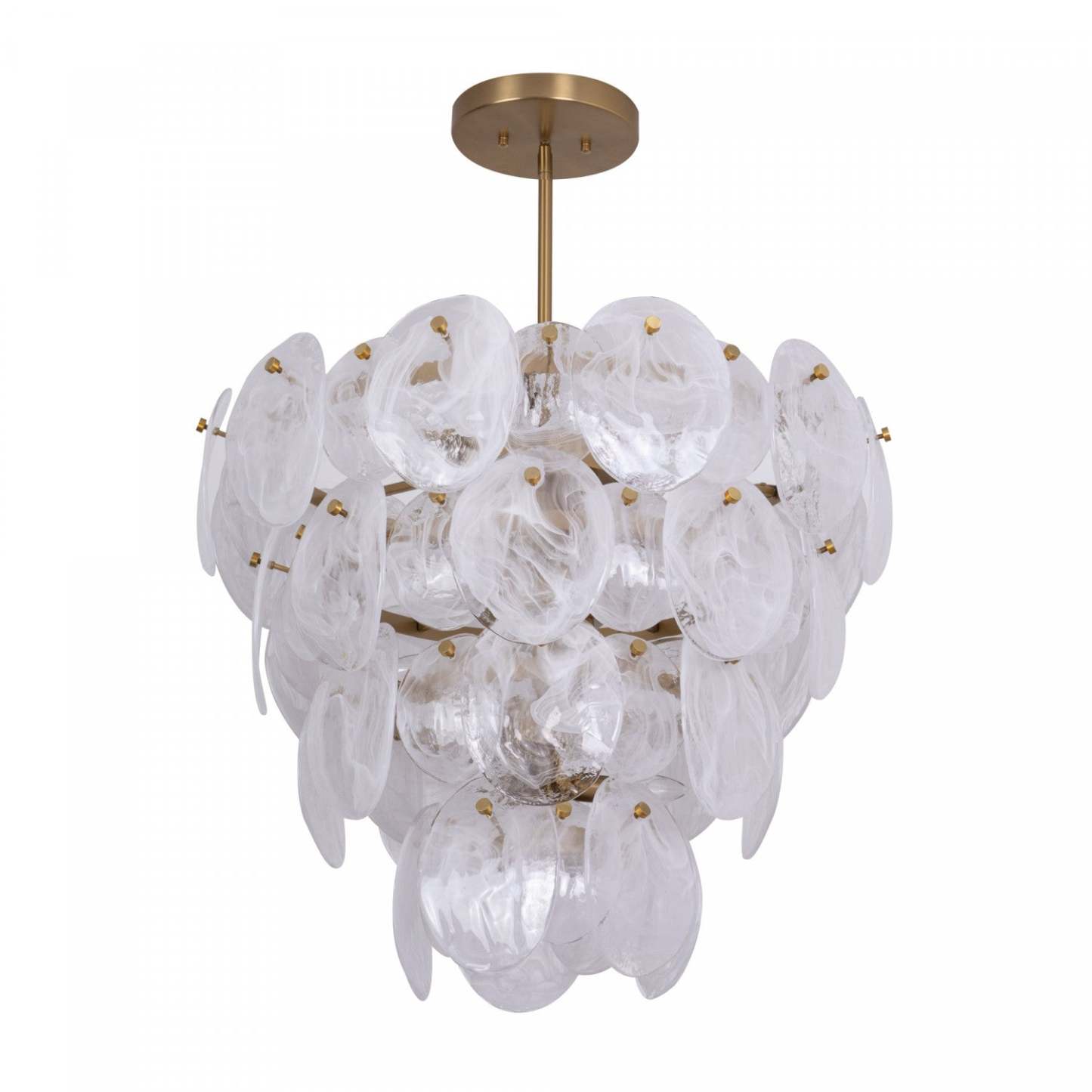 Lustre A 13 lampes Lily, Laiton Brosse Et Verre Genre Murano Blanc Vaporeux