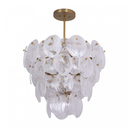 Lustre A 13 lampes Lily, Laiton Brosse Et Verre Genre Murano Blanc Vaporeux