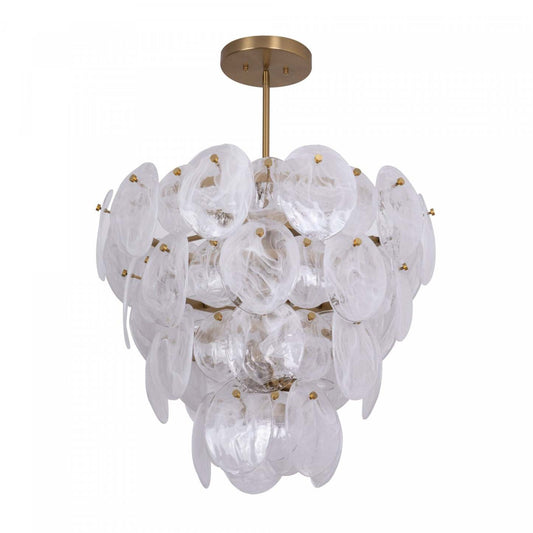 Lustre A 13 lampes Lily, Laiton Brosse Et Verre Genre Murano Blanc Vaporeux