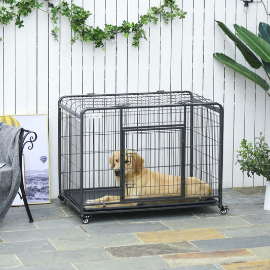 Pawhut Cage Pliable Robuste Pour Chien Grande Taille Avec Double Portes, Verrouillable|Pawhut Cage Et Niche Pliable En Metal Robuste Pour Chien Avec Plateau Et Couvercle Amovibles Et 4 Roues