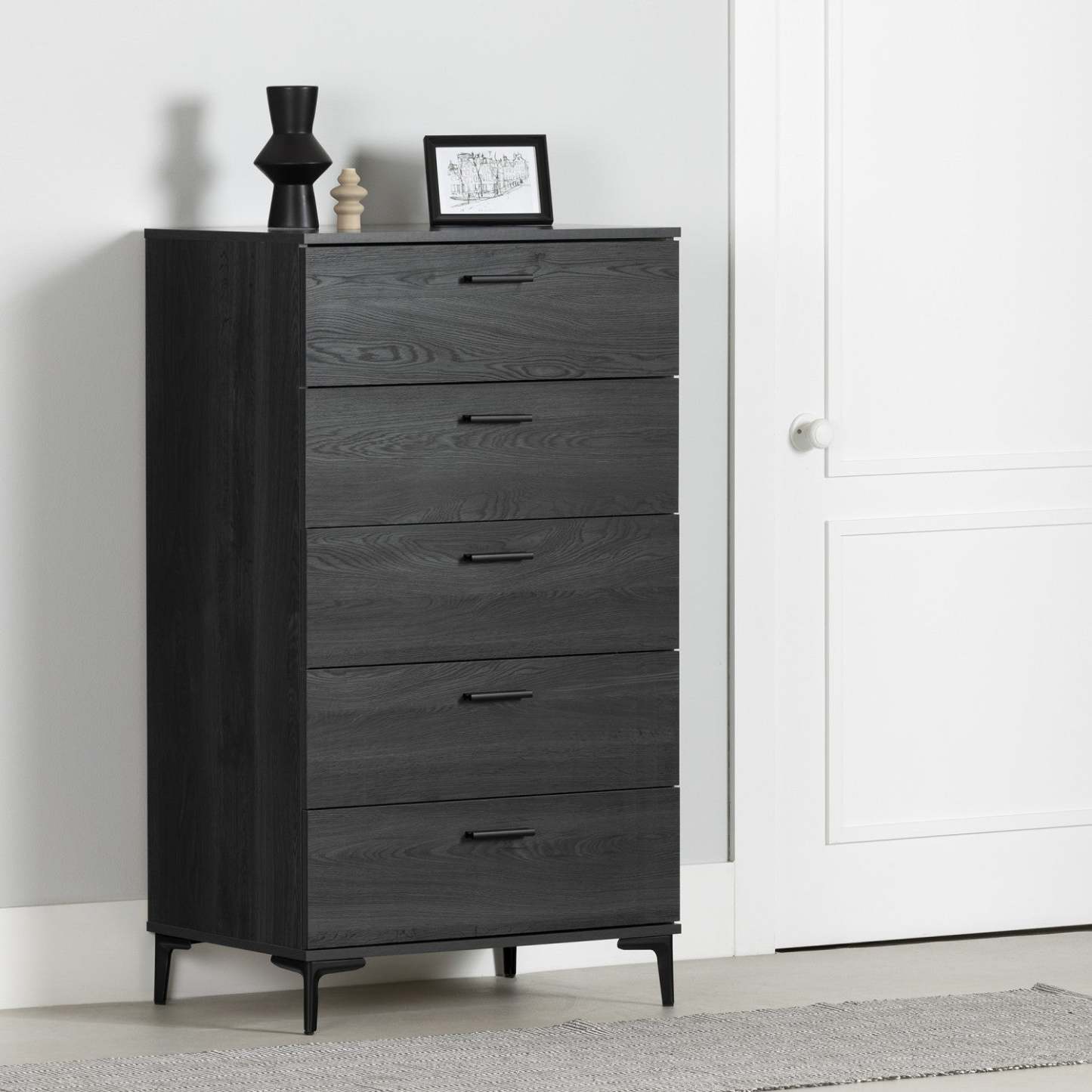 Commode Musano à 5 tiroirs avec pieds en métal - Chêne gris | Commode verticale Musano à 5 tiroirs avec pattes en métal - chêne gris