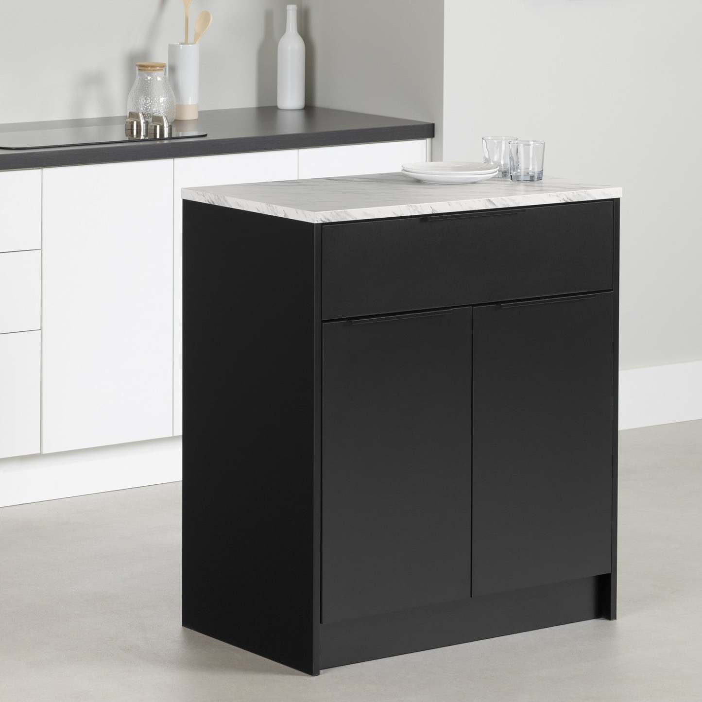 Olio Compact Kitchen Island with Storage - Matte Black &amp; Faux White Marble|Îlot de cuisine compact Olio avec rangement - noir mat et imitation de marbre blanc