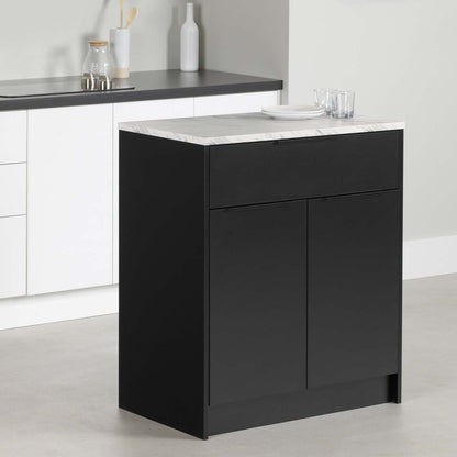 Olio Compact Kitchen Island with Storage - Matte Black &amp; Faux White Marble|Îlot de cuisine compact Olio avec rangement - noir mat et imitation de marbre blanc