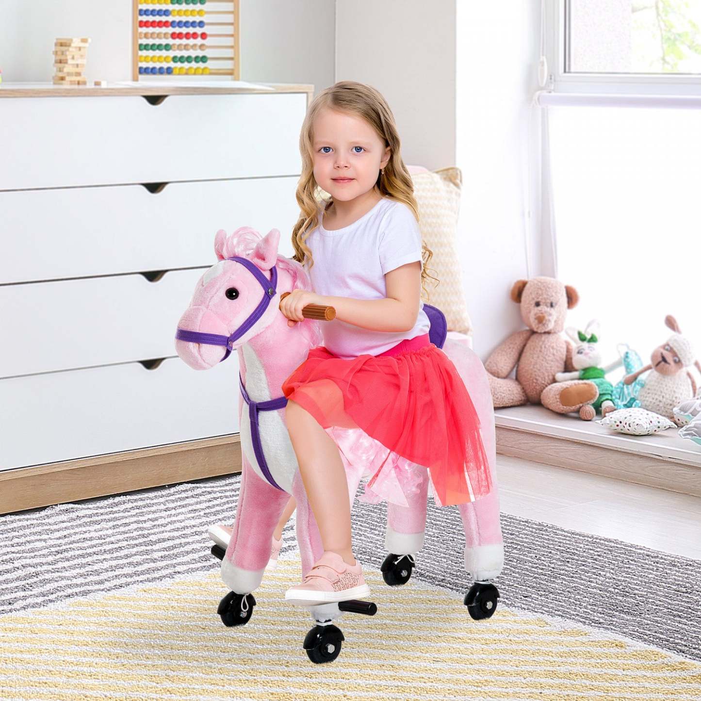 Qaba Kids Rocking Horse, Grand Jouet À Roulettes Pour Enfants De 3 Ans, Cheval En Peluche À Basculer|Poney De Marche Pour Enfants Qaba Cheval À Bascule Peluche Sonore Hennissement Du Cheval Avec Roue C