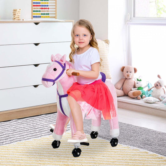 Qaba Kids Rocking Horse, Grand Jouet À Roulettes Pour Enfants De 3 Ans, Cheval En Peluche À Basculer|Poney De Marche Pour Enfants Qaba Cheval À Bascule Peluche Sonore Hennissement Du Cheval Avec Roue C