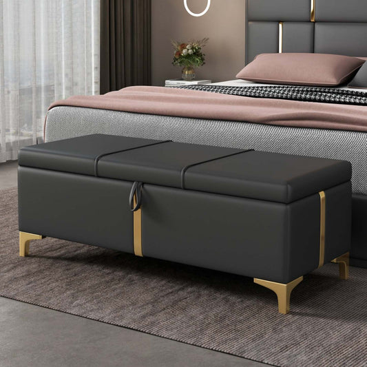 Banc ottoman de rangement rembourré en velours doux Tony avec pieds en métal,noir | Banc Coffre De Rangement Tony En Velours Doux Avec Pieds Métalliques, Noir