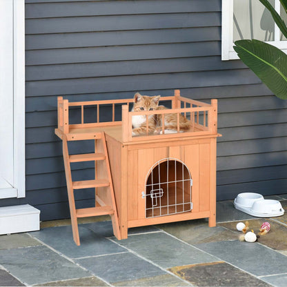 Pawhut Maison En Bois Pour Animaux Domestiques À 2 Étages Pour Chats Chiens Miniatures, Abri En Bois Pour Chat Avec Enclos, Balcon