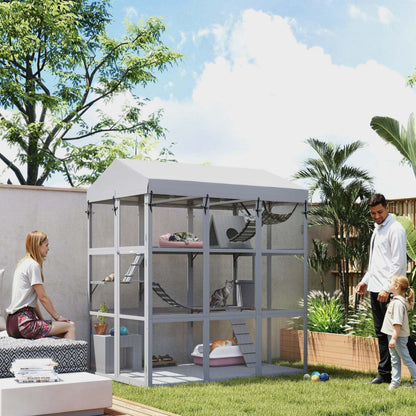 Pawhut Grande Maison pour Chats avec Sol Anti-évasion, 81 H Catio en Bois Enclos Extérieur pour Chats avec Couverture Imperméable, Porte d'Entrée, Condo, Hamac, Rampe, Pont, Pour 2-4 Chats